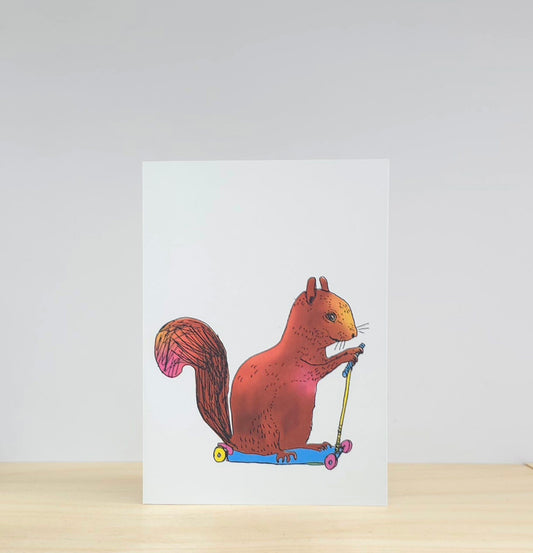 Scootering squirrel greeting card